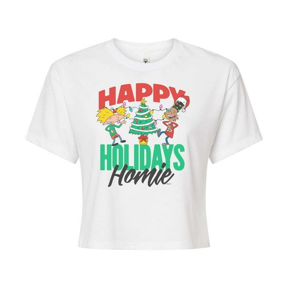 Hey Arnold! - Holiday Homies - Juniors Cropped Cotton Blend T-Shirt