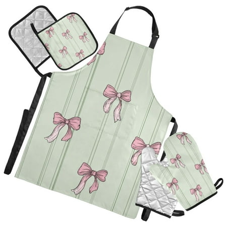 Pink Bows Green Stripes Apron Set with Oven Mitts Pot Holders Set of 5 Kitchen Stuff Accessories