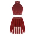thumbnail image 2 of Lejafay Kids Girls 2 Piece Lyrical Latin Jazz Dance Outfit Sparkly Rhinestone Crop Top with Skirt Burgundy 14, 2 of 5