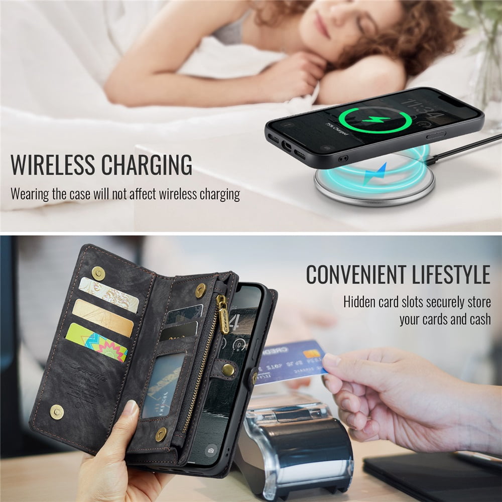 CaseMe Leather Case for iPhone 16e,2 in 1 Detachable Wallet Case with 8-Card Holder Zipper Bills Slot,Magnetic Shockproof Flip Leather Cover Zipper Pocket Phone Cases,Black,For iPhone 16e