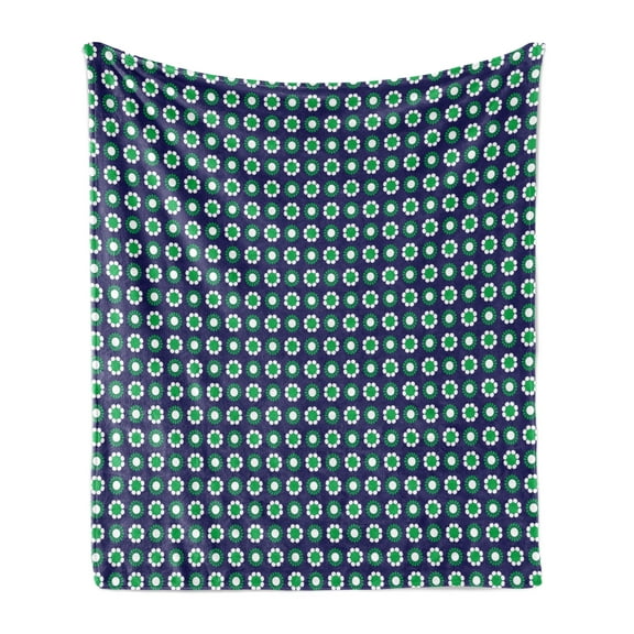 Navy Blue Soft Flannel Fleece Throw Blanket, Floral and Point Design with Green Round Abstract Pattern Print, Cozy Plush for Indoor and Outdoor Use, 70" x 90", Navy Green and White, by Ambesonne