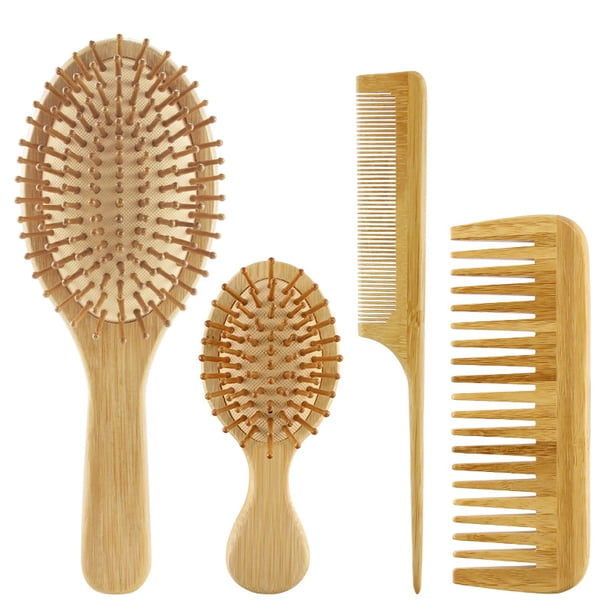 Juego de cepillo y peine de bambú con cepillo de paleta para peinar dientes anchos naturales y peine sin cerdas para mujeres, hombres y niños, juego de regalo para cabello grueso/fino/rizado/seco Ormromra CZMR-ZC181