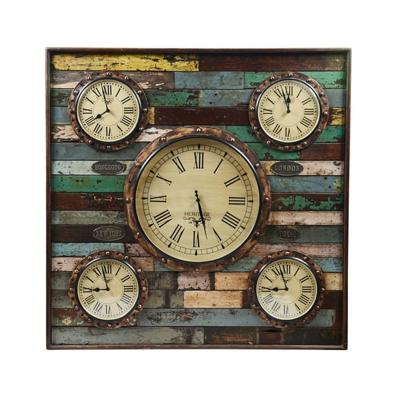 Wooden Wall Clock with 5 Dials
