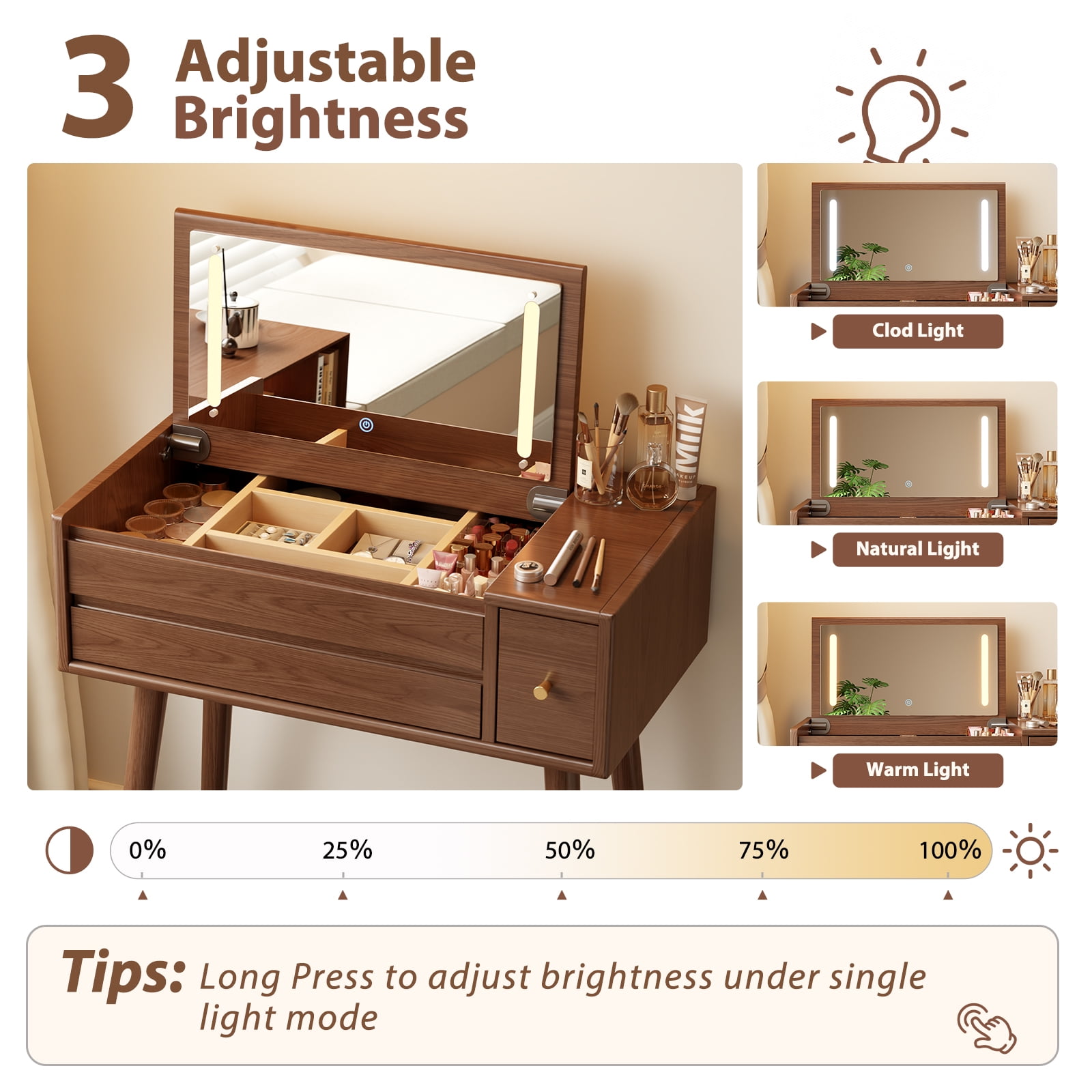 Muwuele Makeup Vanity Table with Mirror and 3 Lighting Modes, 32 Inch Large Dressing Table Set with 3 Drawers, Solid Wood Vanity Desk for Bedroom (Walnut)