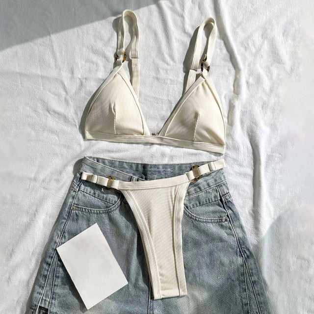 Womens Ribbed Bikini Outfits Triangle Bra Tops with Thong Bottoms for Summer Beach Travel Beige M