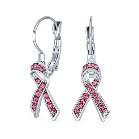 Bling Jewelry Womens Crystal Pink Breast Cancer Awareness Support Earrings Silver Plated