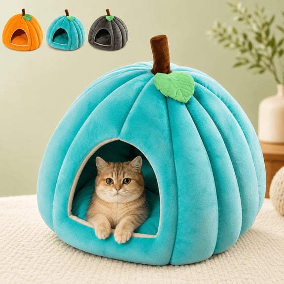 Pumpkin Cat Bed for Indoor Cats, Semi-Enclosed Plush Cave with Cushion