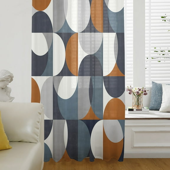 Navy Blue Semi Sheer Curtains Drapes for Living Room, Bedroom, French Doors Window 63 Inches Long, Middle Century Modern Geometric Abstract Art Rod Pocket Chiffon Curtain Drapery Voile Drape Panel