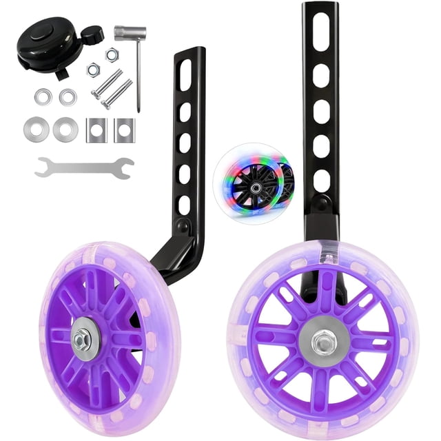 Kids Bike Training Wheels Set with Flashing LED Lights - 5.3 Inch Diameter, Steel & Rubber Construction, Universal Fit for 12-20 Inch Bicycles, Includes Installation Tools, Bell & All Hardware