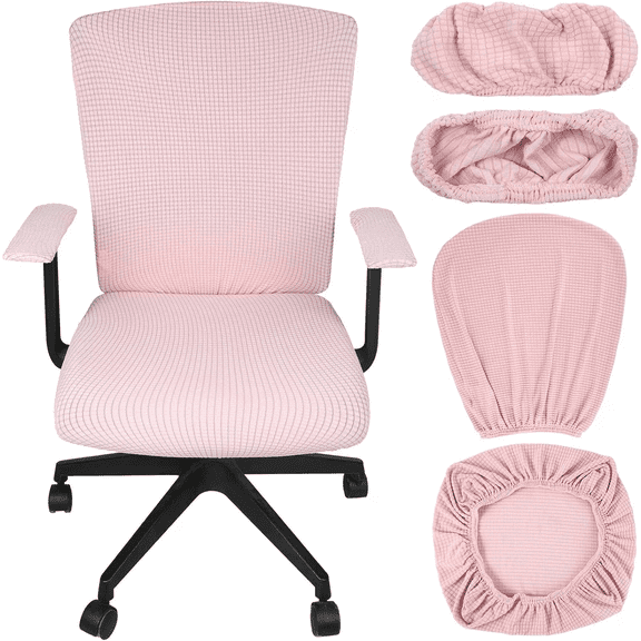 4 Pcs Office Chair Covers Set Computer Universal Protective Stretchable Chair Seat Covers Desk Armrest Slipcovers Pads Office Cushion Backrest for Rotating(Pink)