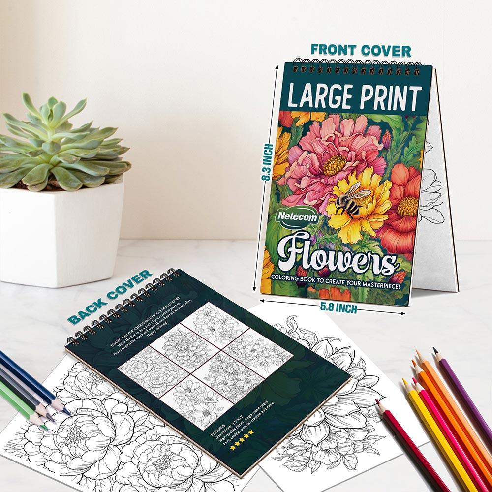 Netecom Large Print Flowers Coloring Book Spiral Bound for Adults and Seniors, A5 Wooden Cover, 30 Delightful Blossom Designs Coloring Pages of Big Print Style for Stress Relief and Relaxation