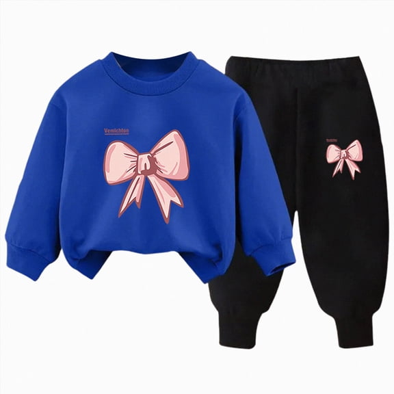 NOLDARES Baby Toddler Kids Girls 2pcs Clothes Set Long Sleeve Crewneck Sweatshirt and Elastic Waist Pants Print Fall Winter Outfits Clothing(Blue,3-4 Y)
