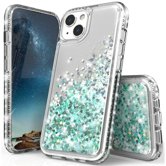 Nakedcellphone Liquid Waterfall Series for iPhone 13 Phone Case, Clear Flexible TPU Slim Cover [Anti-Shock, Glitter Bling] with Diamond Silver Rhinestone Trim