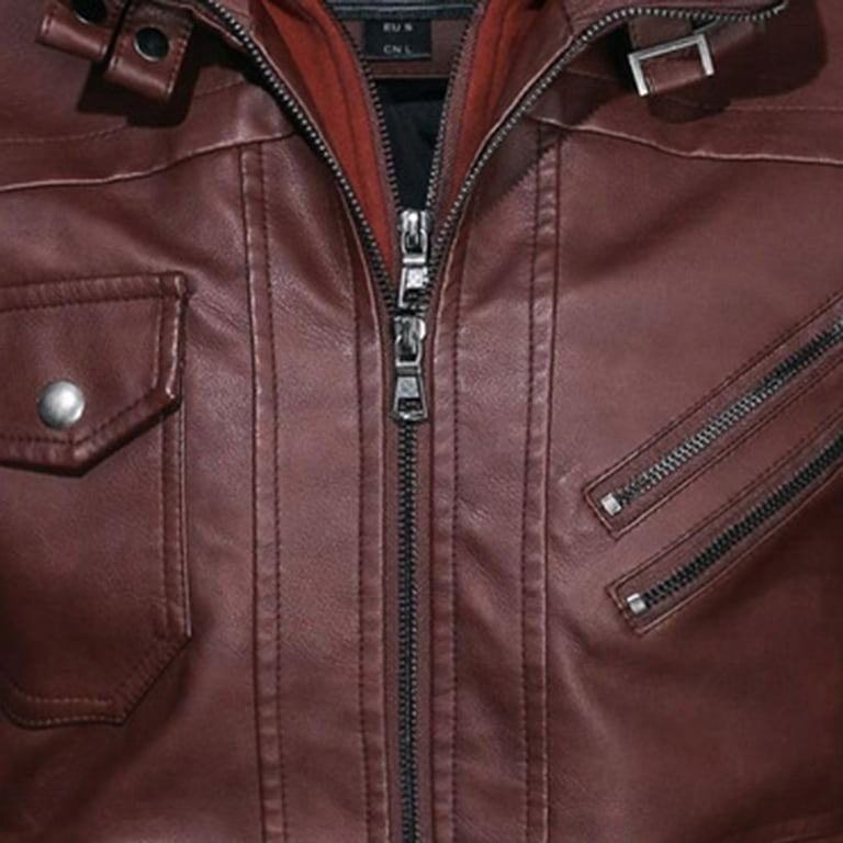 Paptzroi Men's Winter Leisure Thick Hooded Leather Jacket Zipper Lapel  Short Vintage Autobike Coat Warm Daily Top 