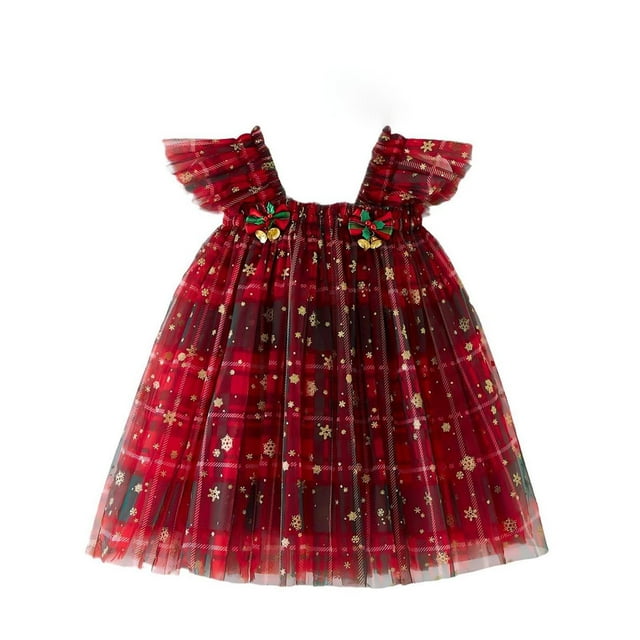 EGNMCR Robe à Manches Courtes Col Rond Robe de Noël pour Filles Robe Flocon de Neige en Feuille d'Or Robe de Princesse en Tulle Robe à Manches Volantes pour Enfants Robe de Vacances Robe en polyester pour Filles