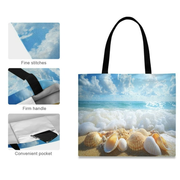 Canvas Tote Bag for Women Girls Design Print Seashells on Sandy Beach Tote