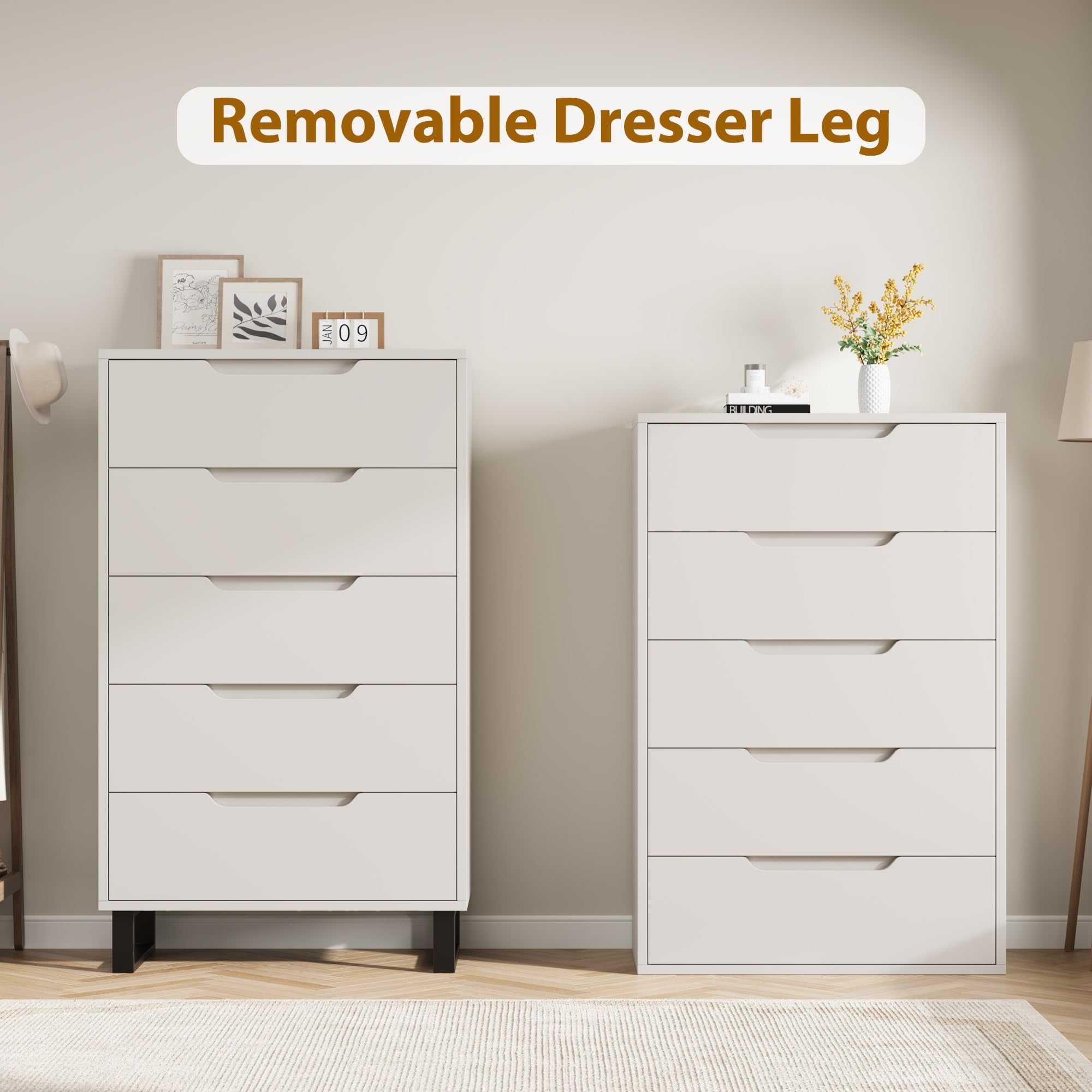 5-Drawer Dresser - Modern Chest with Adjustable Height Base