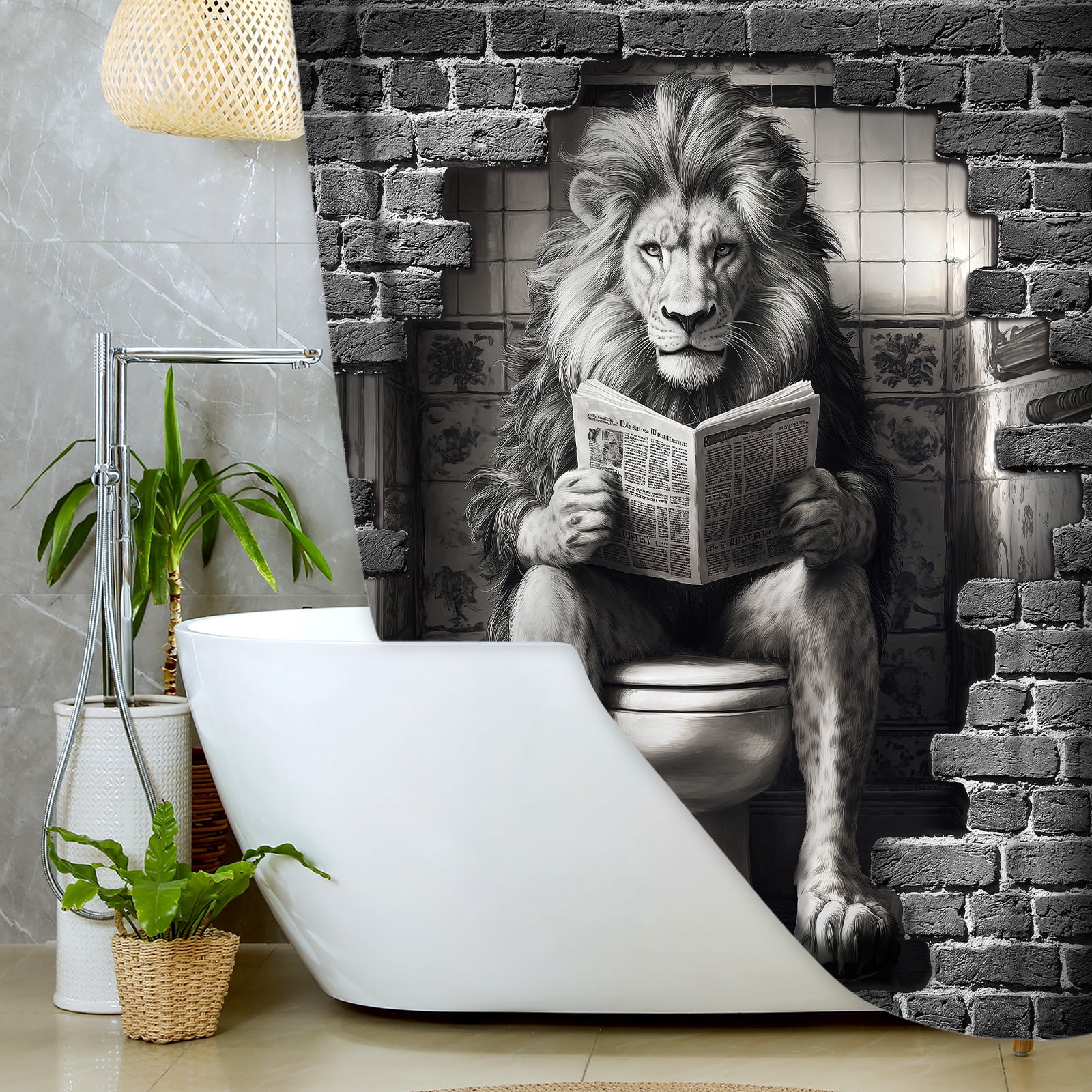 Funny Lion Bathroom Shower Curtain, Lions on Toilet Reading Newspaper Theme Bathroom Shower Curtain Set, Humor Animals Shower Curtain for Kids Adults Bathroom Decorations with Hooks, 69X84IN