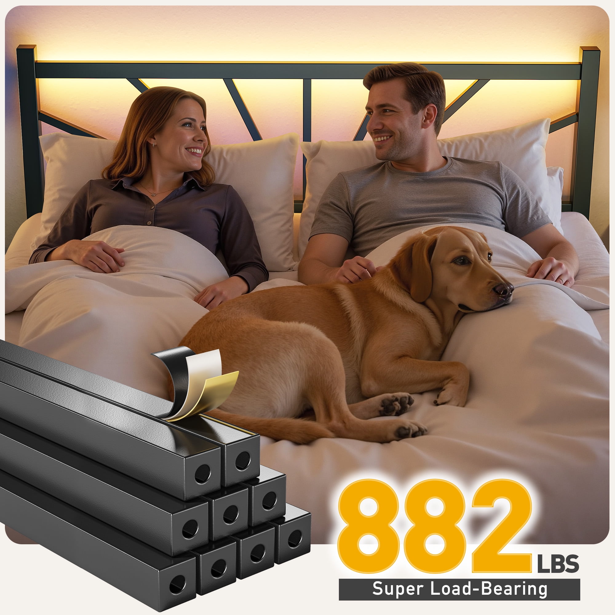 Queen Size Metal Bed Frame with Headboard Metal Platform Bed Frame with LED Lights Bed Frame Twin with Storage Underbed, Noise Free, No Box Spring, Black
