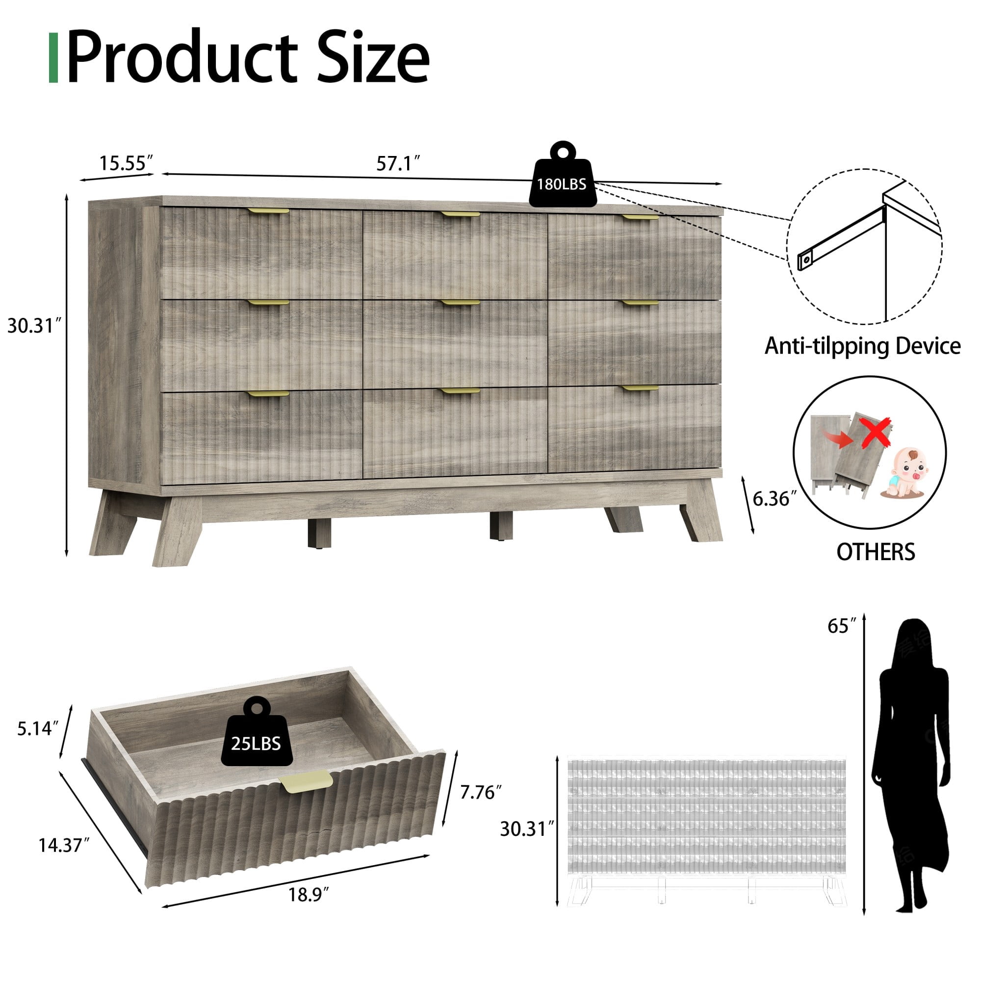 FANRAL 9 Drawers Dresser Fluted Dresser for Bedroom,Wooden Chest of Drawers Modern Dresser for Closet,Gray Dresser