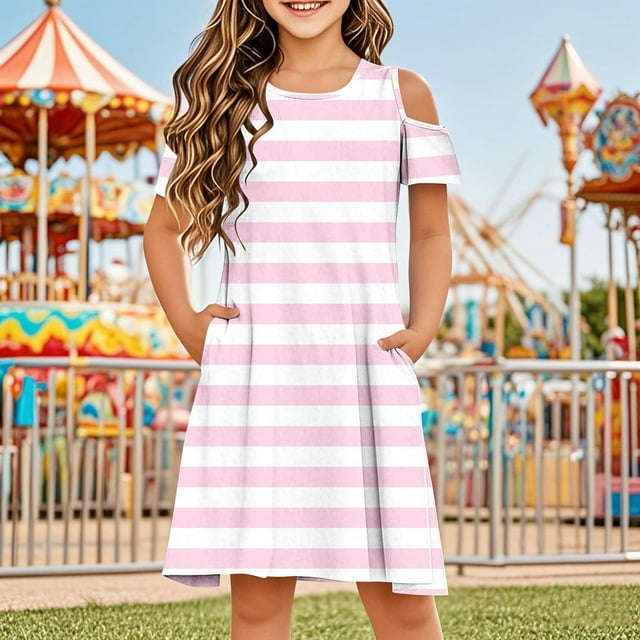 Robe d'Été pour Filles à Manches Courtes Épaules Dénudées Robe Décontractée Imprimée Robe Midi Évasée avec Poches Offres d'Entrepôt Liquidation Canada
