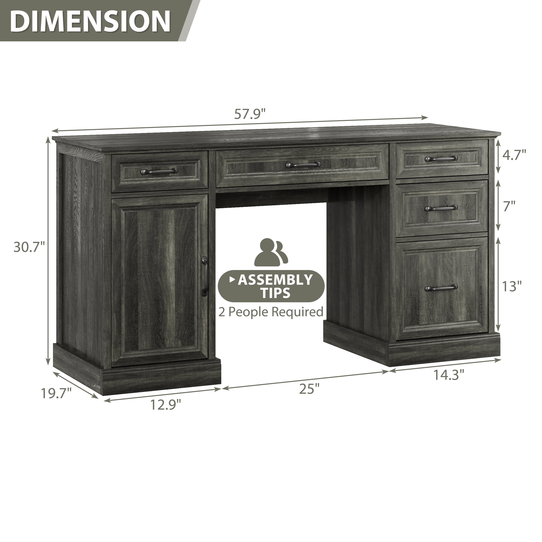 YouTrend 58'' Farmhouse Executive Desk,Wood Home Office Computer Desk with 5 Drawers and Storage Cabinet for Work Study Writing,Gray