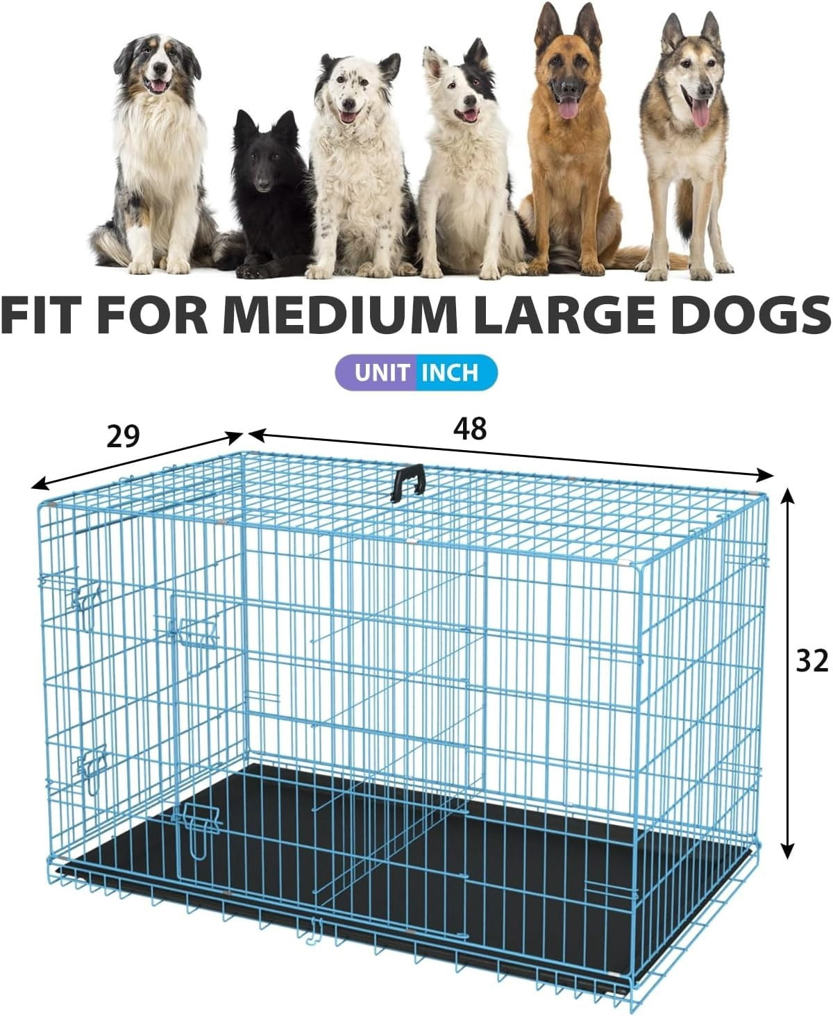 Extra Large Dog Crate Dog Kennel Cage with Double Door,48 inch Folding Metal Wire Dog Cage with Removable Tray&Divider Panel,Pet Crate for Large Dogs,Blue