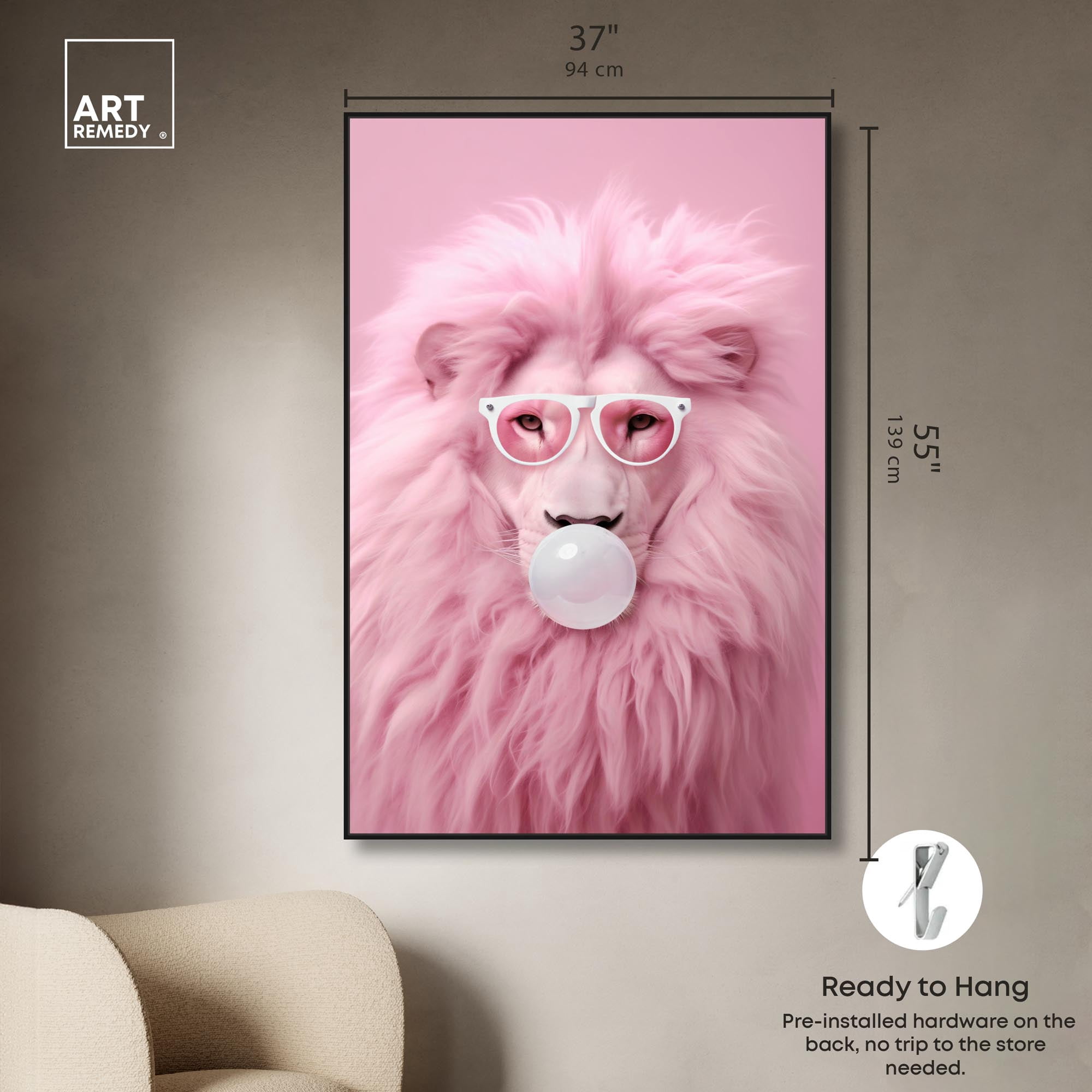 Majestic Bubblegum Lion Canvas Fashion Prints by Art Remedy, Black Frame, 36" x 54"