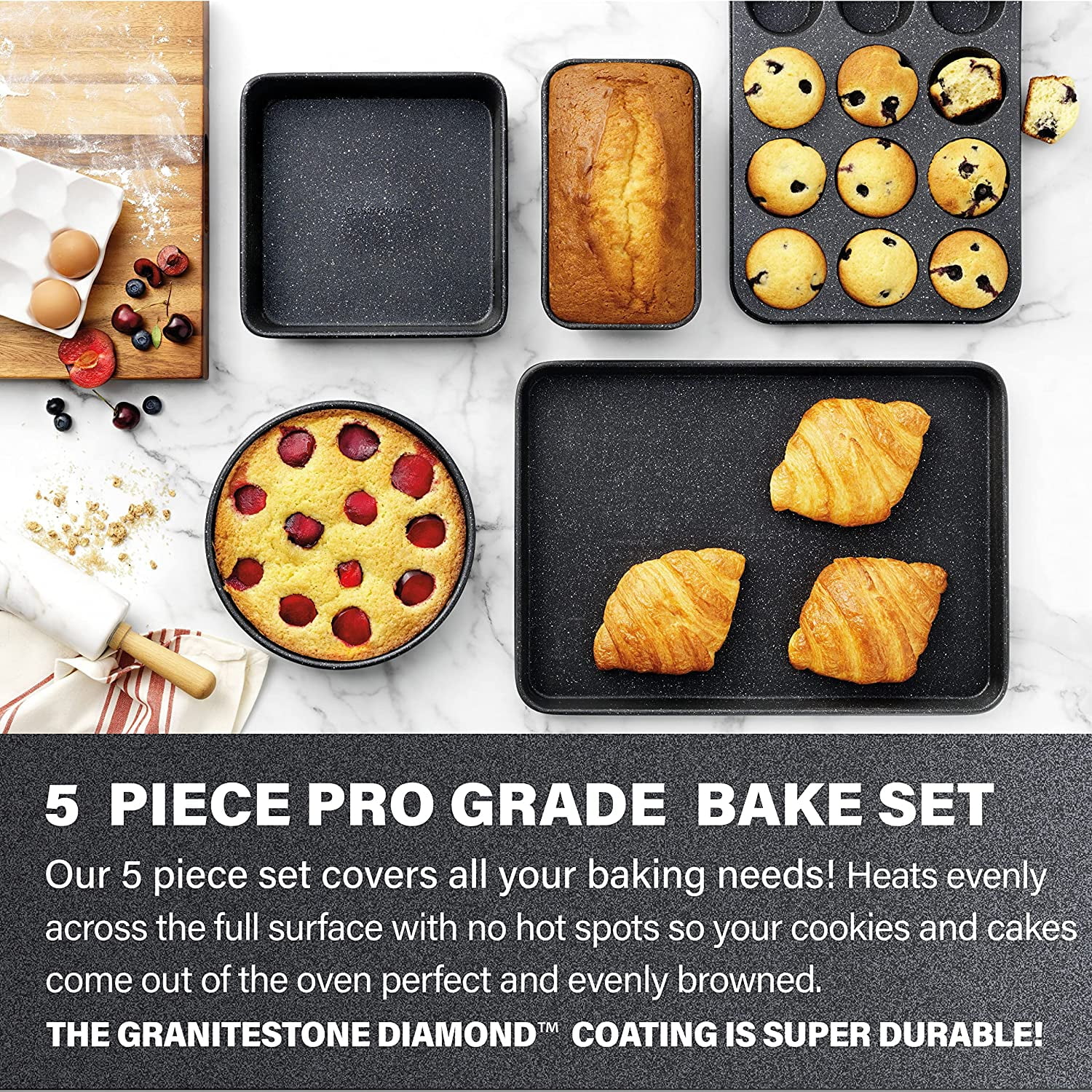 Granitestone Black Nonstick Bakeware Set, 5 Piece Baking Pans Set, Dishwasher Safe, No Warp & Even Heating, Oven Safe with Square & Round Baking Pan, Muffin and Loaf Pan & Baking Sheet