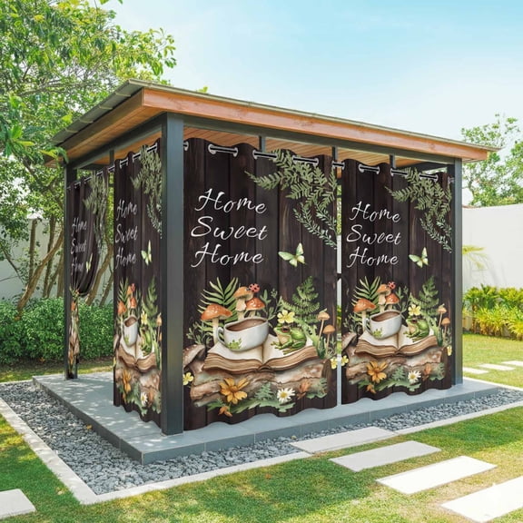 Pastoral Plant Outdoor Curtains for Patio Waterproof, Home Sweet Frog Butterfly Coffee Book Grommet Curtains for Porch Outside Privacy Drape for Gazebo Garden Pergola, 2 Panels, 54x84in