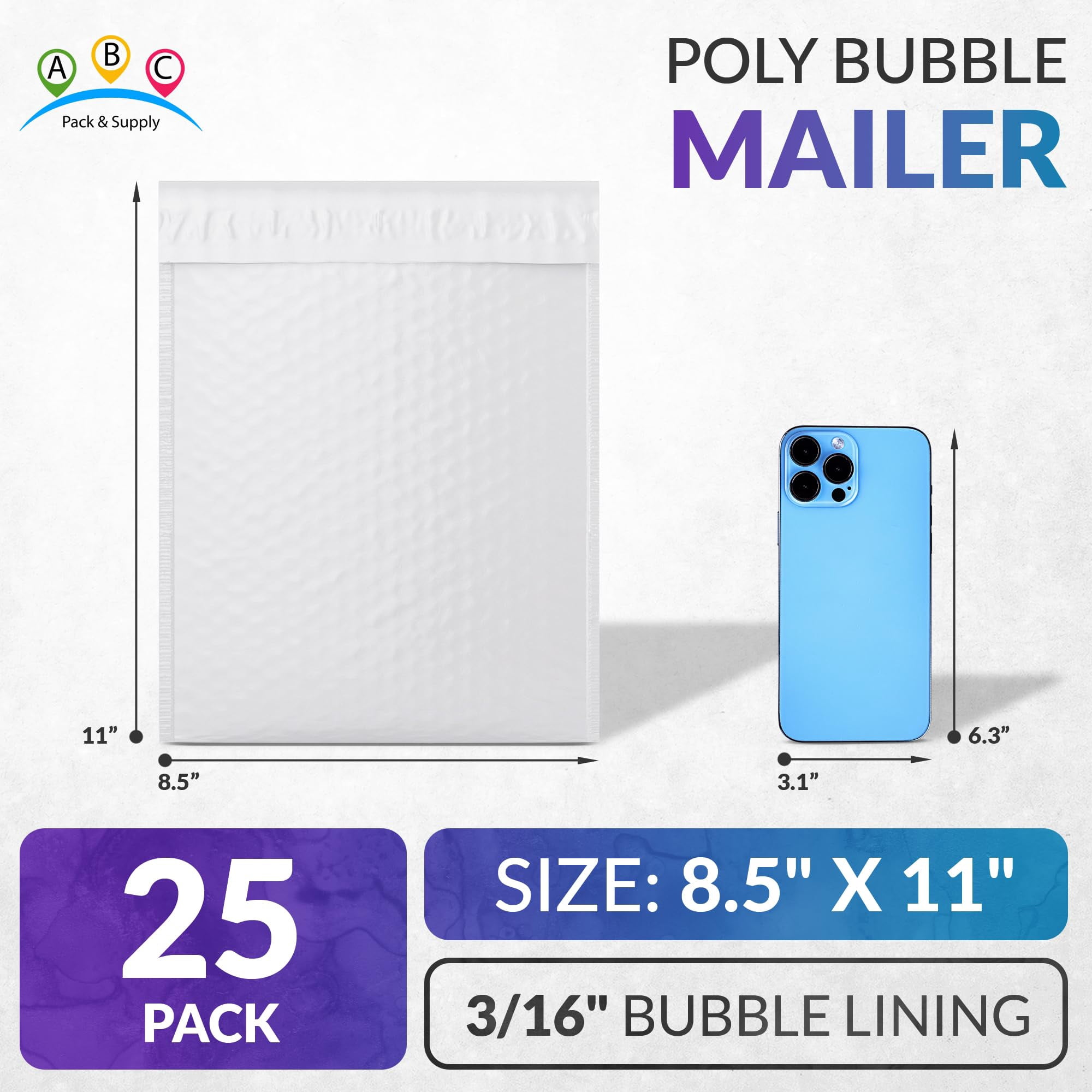 Poly Bubble Mailers 25 pack 8.5 x 11 in White Padded Self Seal Tear-Proof Waterproof