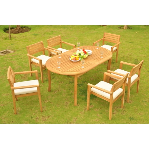Teak Dining Set: 6 Seater 7 Pc: 94" Oval Table & 6 Montana Stacking Arm Chairs Outdoor Patio Grade-A Teak Wood WholesaleTeak #WMDSMTa