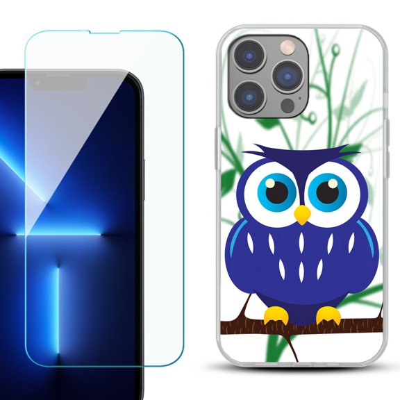 Slim-Fit Gel TPU Phone Case for iPhone 14 Pro Max, with Tempered Glass Screen Protector, by OneToughShield ® - Blue Owl