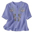 thumbnail image 6 of Embroidered Linen Shirt for Women, V-Neck Short Sleeve Cotton Blend Tunic with Floral Details - Loose Fit Casual Summer Top Light Purple S, 6 of 8