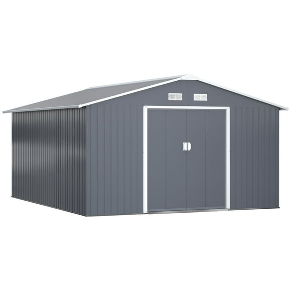 Outsunny 11' x 13' Garden Storage Shed with Foundation Kit, Metal Tool Storage House with Double Doors for Outdoor Patio Yard, Grey