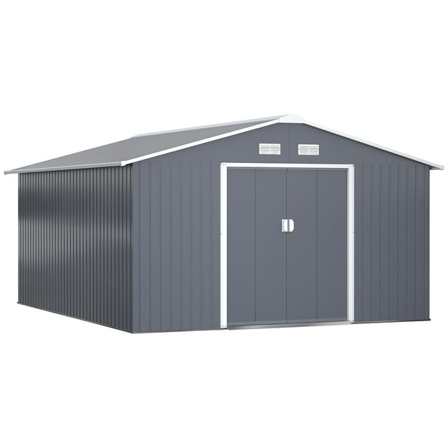 Outsunny 11' x 13' Garden Storage Shed with Foundation Kit, Metal Tool Storage House with Double Doors for Outdoor Patio Yard, Grey