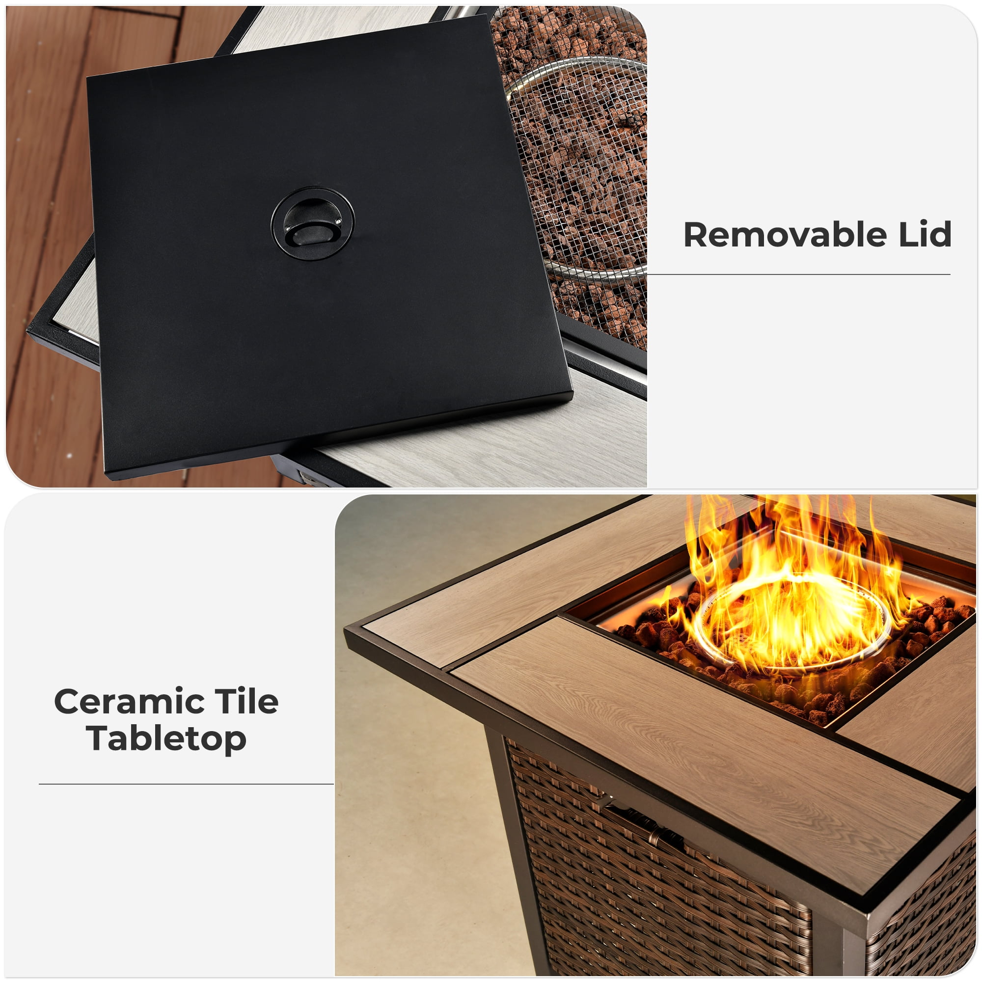 Ovios 30 Inch Propane Fire Pit CSA-Listed Outdoor Fire Pit Table, 50,000 BTU Wicker Gas Fire Pits for Outside with Lid and Lava Rock on Patio Deck Garden Backyard