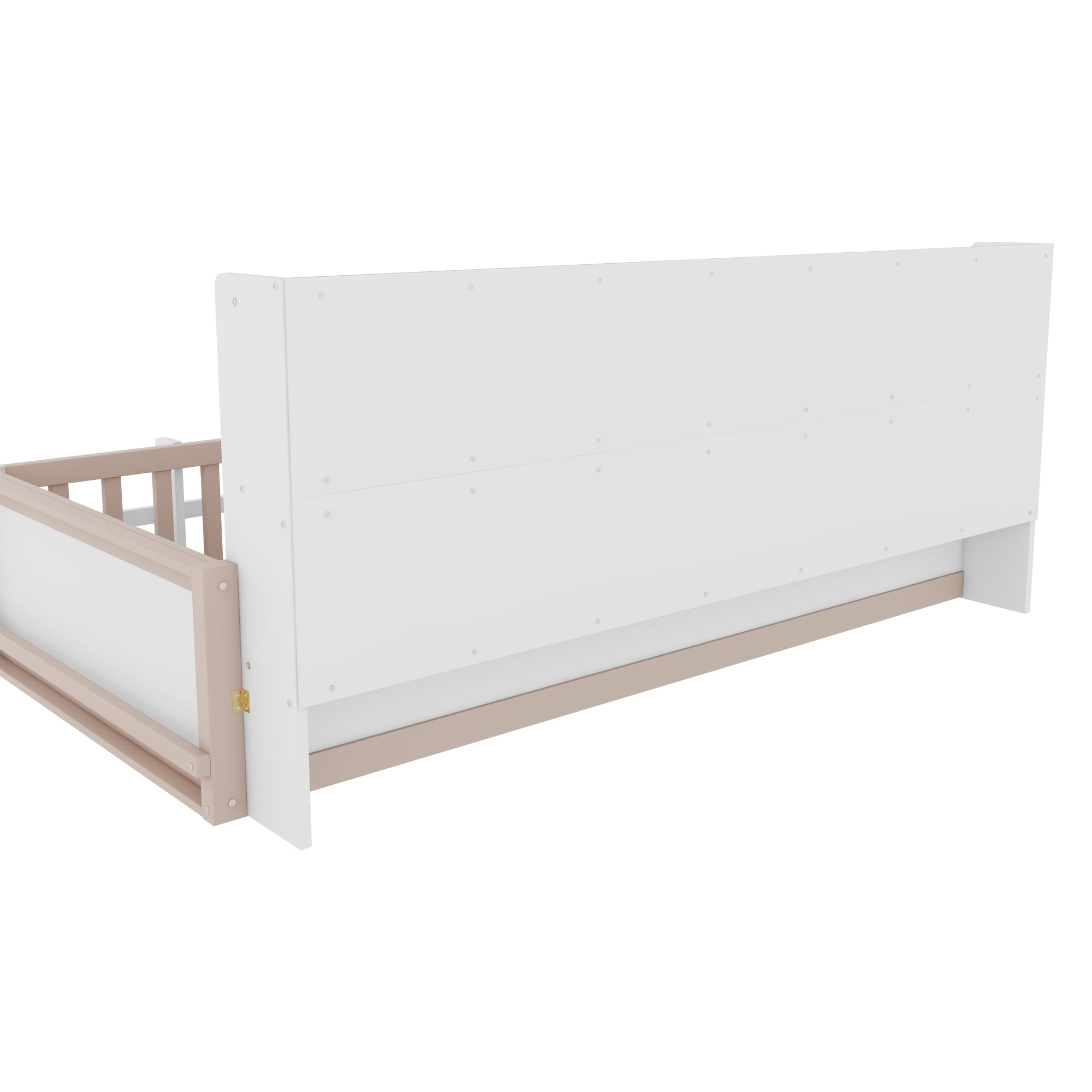 Mintazer Twin Size Montessori Floor Bed with Bookshelf & Guardrails, Kids Platform Bed Frame with Storage Cubbies for Bedroom, White & Natural