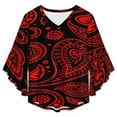 thumbnail image 4 of Paisley Pattern Red On Black Background Bandana Women's V-Neck Blouse With 3/4 Ruffled Bell Sleeves Casual Top Ladies Blouses, 4 of 7