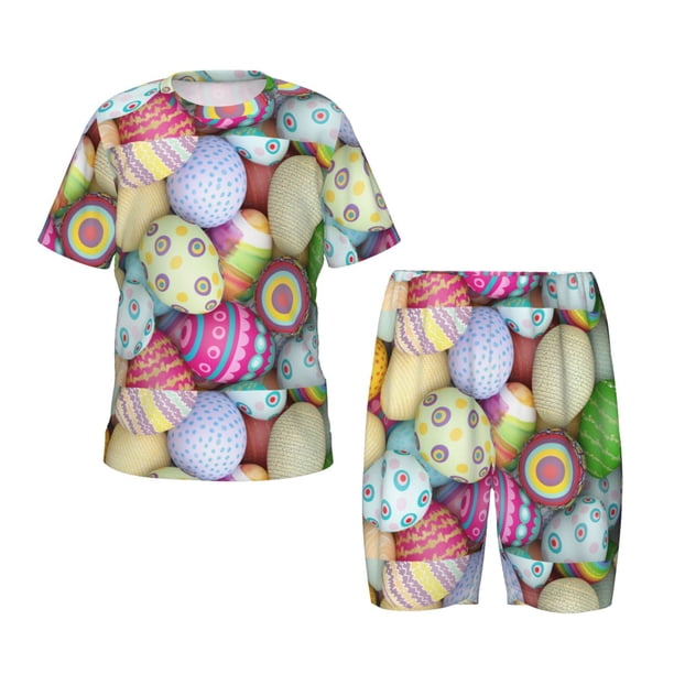 Fotbe Colorful Easter Eggs Pijama Estampada de 2 Piezas para Niños – Ropa de Dormir de Manga Corta Cómoda para Niños y Niñas, Camiseta y Shorts de Algodón-XX-Large