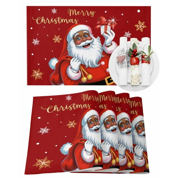 Black Santa Claus Merry Christmas Placemats Set of 8 Xmas Snowflake Red Heat Insulation Washable Place Mats, Rustic Non-Slip Table Mats for Dining Table Party Kitchen Decor,13x19 Inch