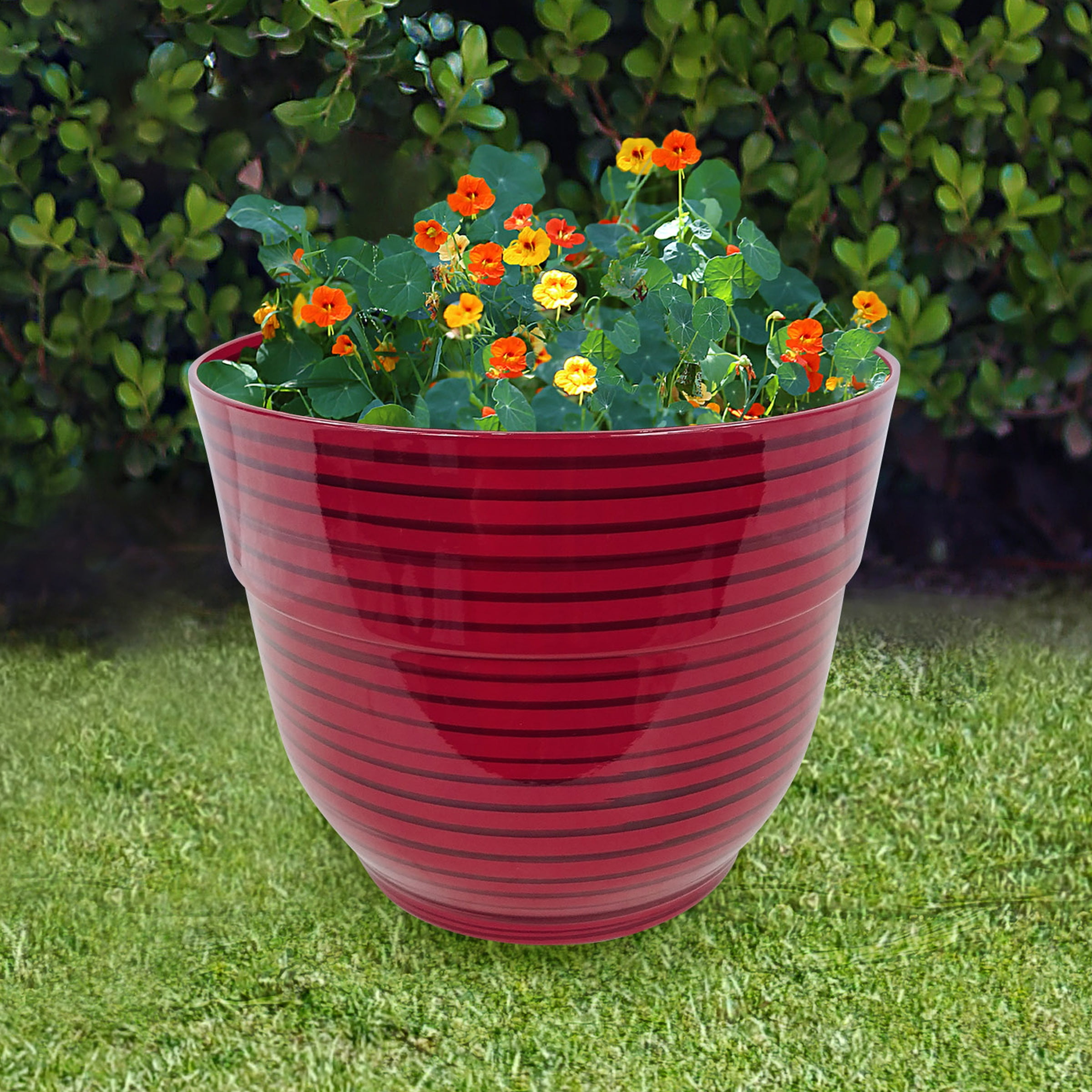 Alpine Corporation Red Glossy Striped Planter with Drainage Hole