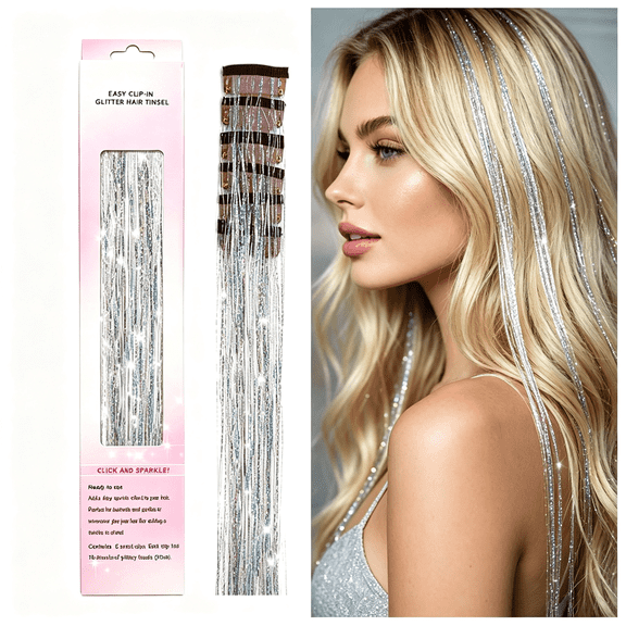 Hair Tinsel Extensions 6Pcs Clip-In Glitter Fairy Sparkly Strands Heat Resistant 22 Inch Silver