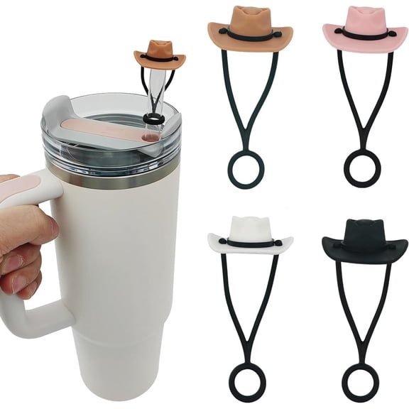 4 Pack Silicone Cowboy Hat Straw Covers Cap Compatible with Stanley Cup 30 40 oz, Cute Funny Tumbler Straw Topper Accessories for Man & Woman Gift
