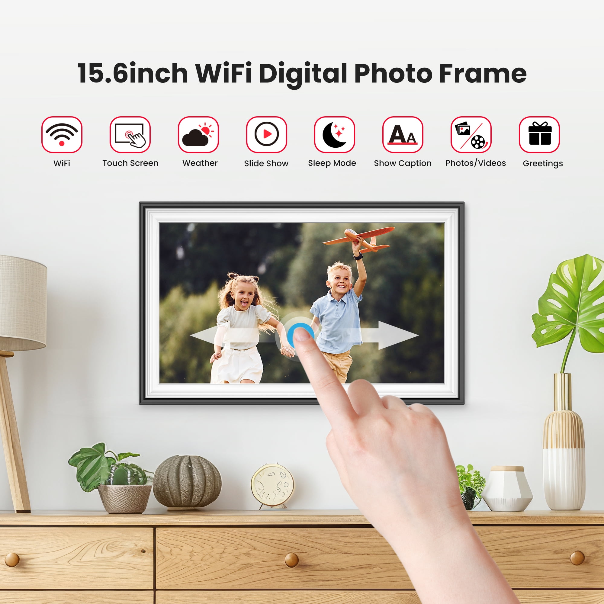 64GB Frameo Digital Picture Frame, TEMASH 15.6 Inch Large Digital Photo Frame WiFi, 1920*1080 FHD IPS Touchscreen Auto Rotate, Easy to Share Photos Videos, Black with White Mat