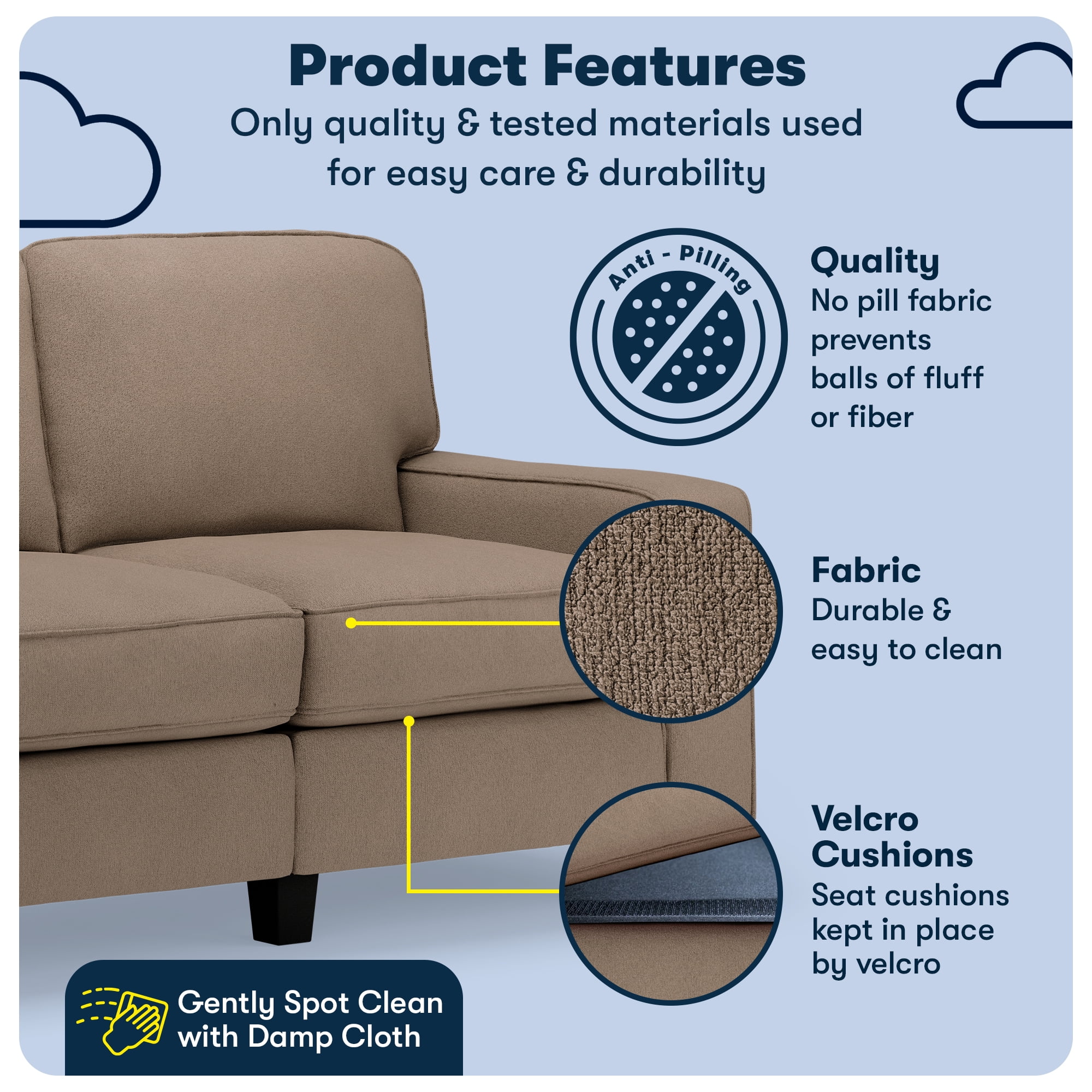 Serta Palisades 61" Track Arm Sofa, Easy Care Polyester, Loveseat or Couch for Small Spaces, Tan