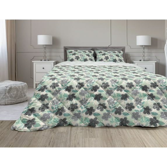 Floral Comforter & Sham Bedding Set, Abstract Nostalgia Pattern with Retro Blooms and Leaves Romantic, 3 pcs Duvet Set Microfiber Filling Quilt, 5 Sizes, Charcoal Grey Mint Green, by Ambesonne