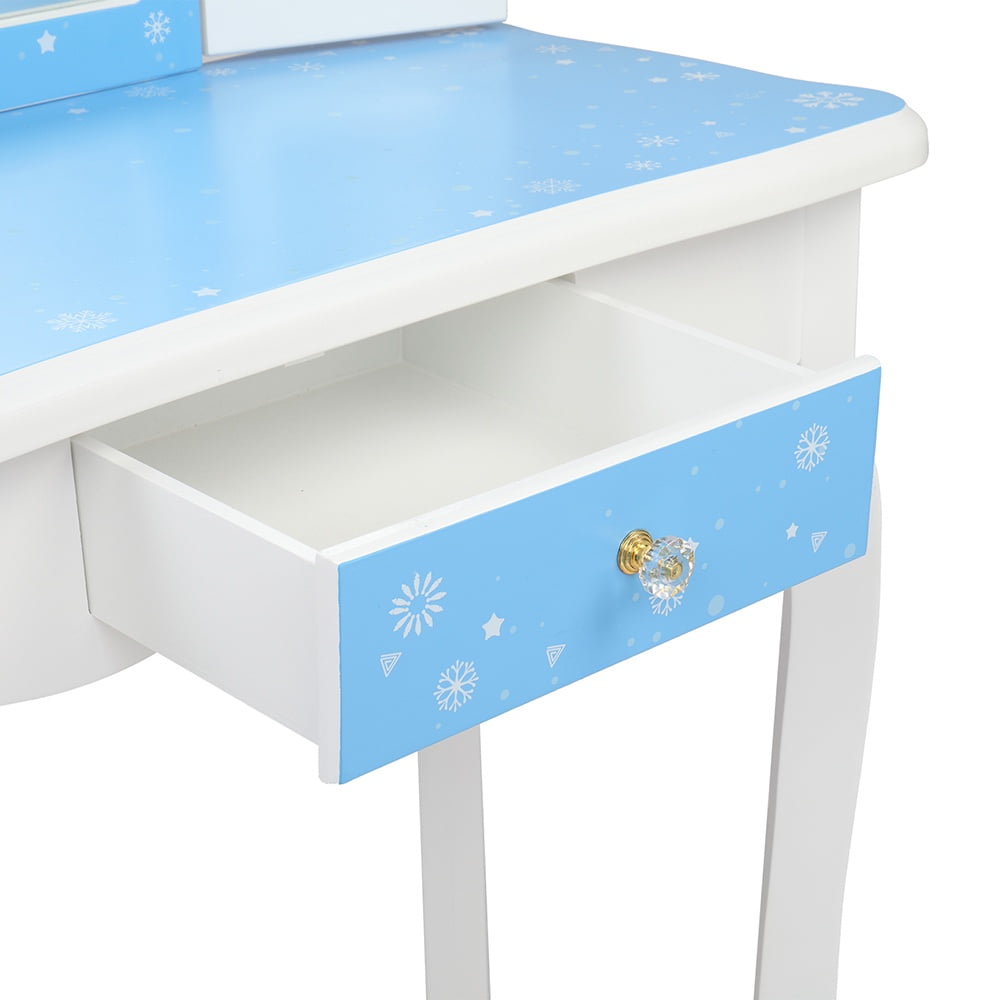 Paproos Kids Vanity with Mirrors and Stool, Pretend Play Kids Vanity Set with Tri-folding Mirror, Drawer, Wood Princess Makeup Vanity Desk, Toddler Vanity Dressing Table for Little Girls 3+, Blue