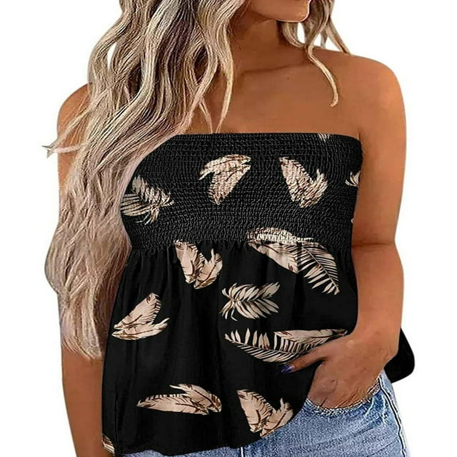 Women‘s Strapless Tank Tops Sleeveless Pleated Gradient Color Ladies Summer Boho Print Loose Fit Pullover