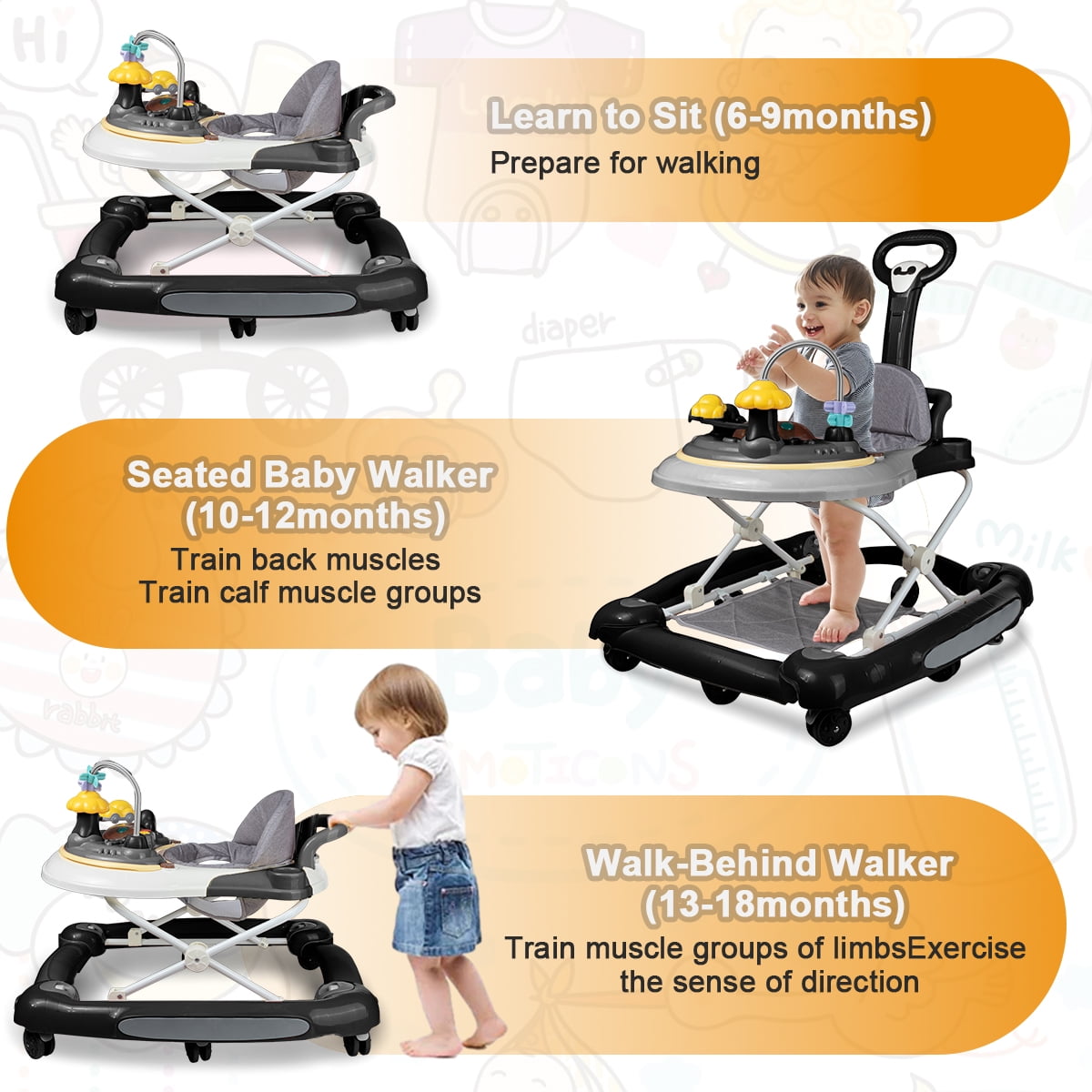 FACNOATIHN 5-in-1 Baby Walker, Musical Activity Push Walker with Detachable Awning Footrest, Adjustable Height, Black